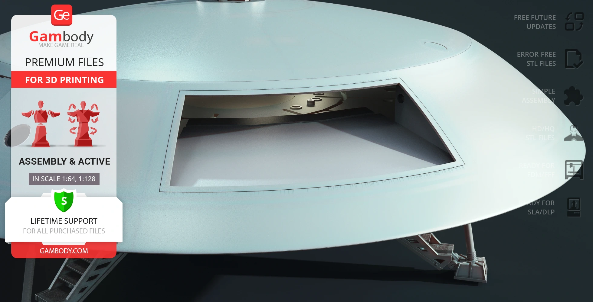 A detailed 3D model of a futuristic spacecraft with landing gear, suitable for 3D printing.