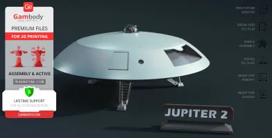 Futuristic spaceship model with a dome on top, ready for 3D printing, labeled 'Jupiter 2.'