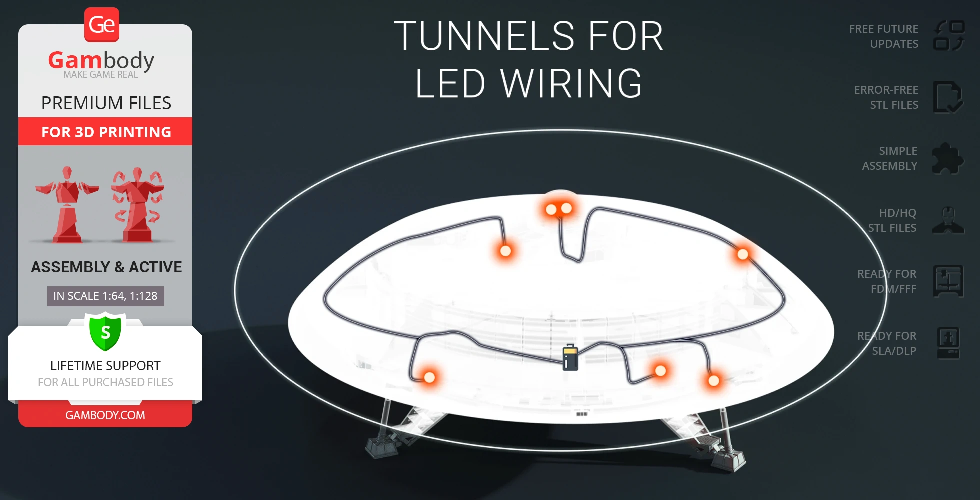 3D model of the Lost in Space Jupiter 2 with LED wiring paths highlighted, for 3D printing.