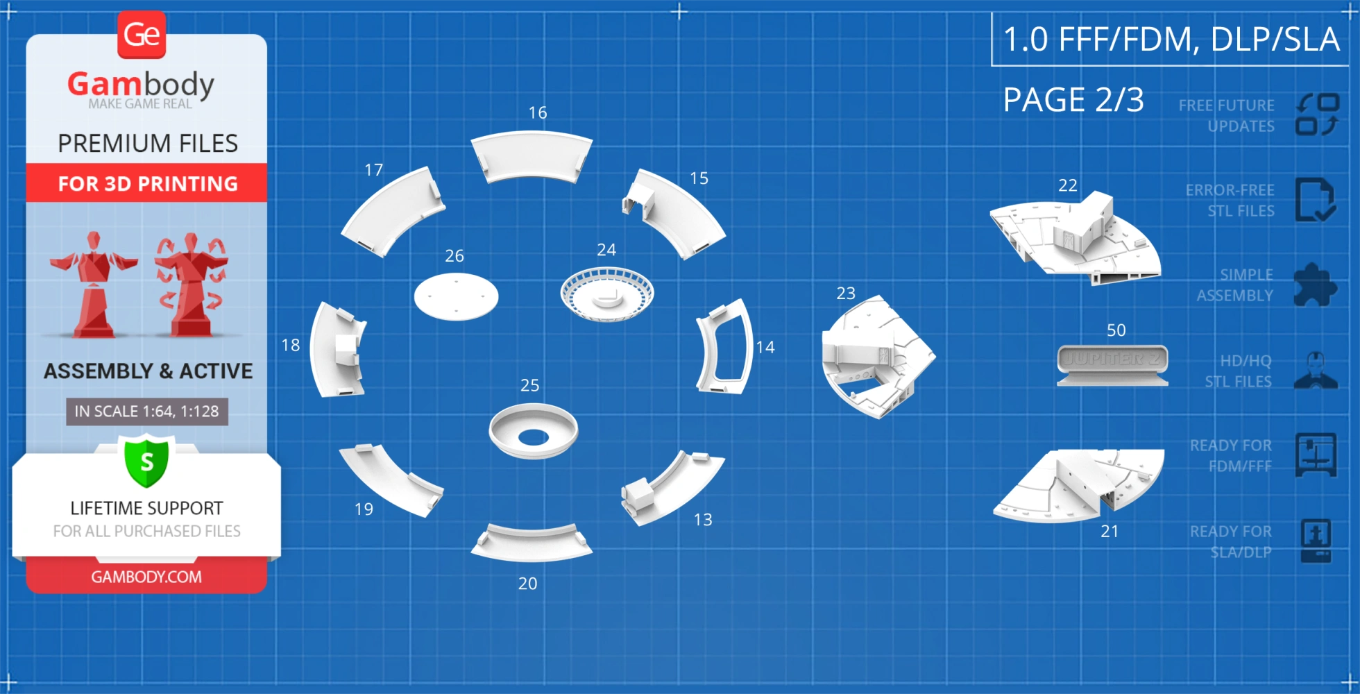 3D model parts for the Jupiter 2 spaceship, arranged on a blueprint for 3D printing.