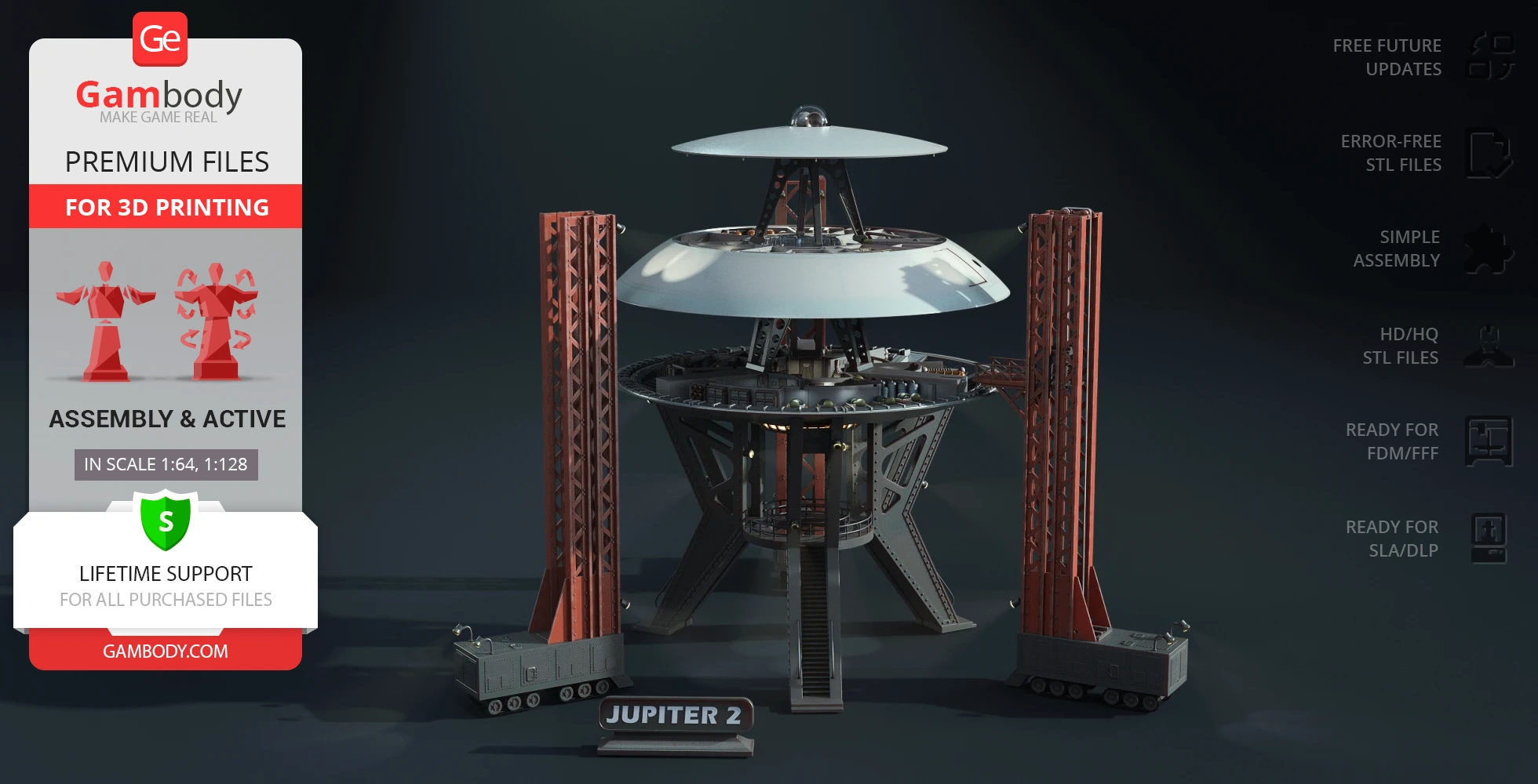 A detailed 3D model of the Jupiter 2 spaceship from 'Lost in Space' on a display stand.