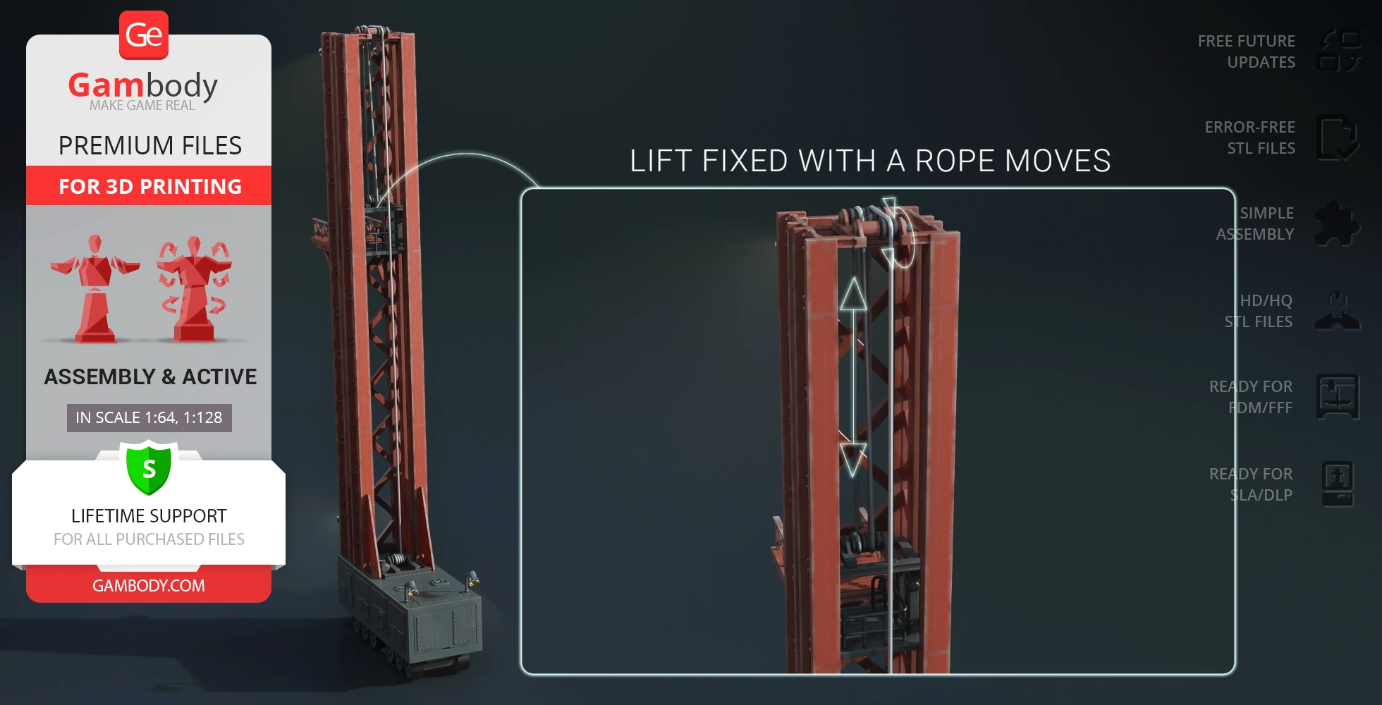 3D model of a tall lift system with a rope mechanism for 3D printing, shown in red.