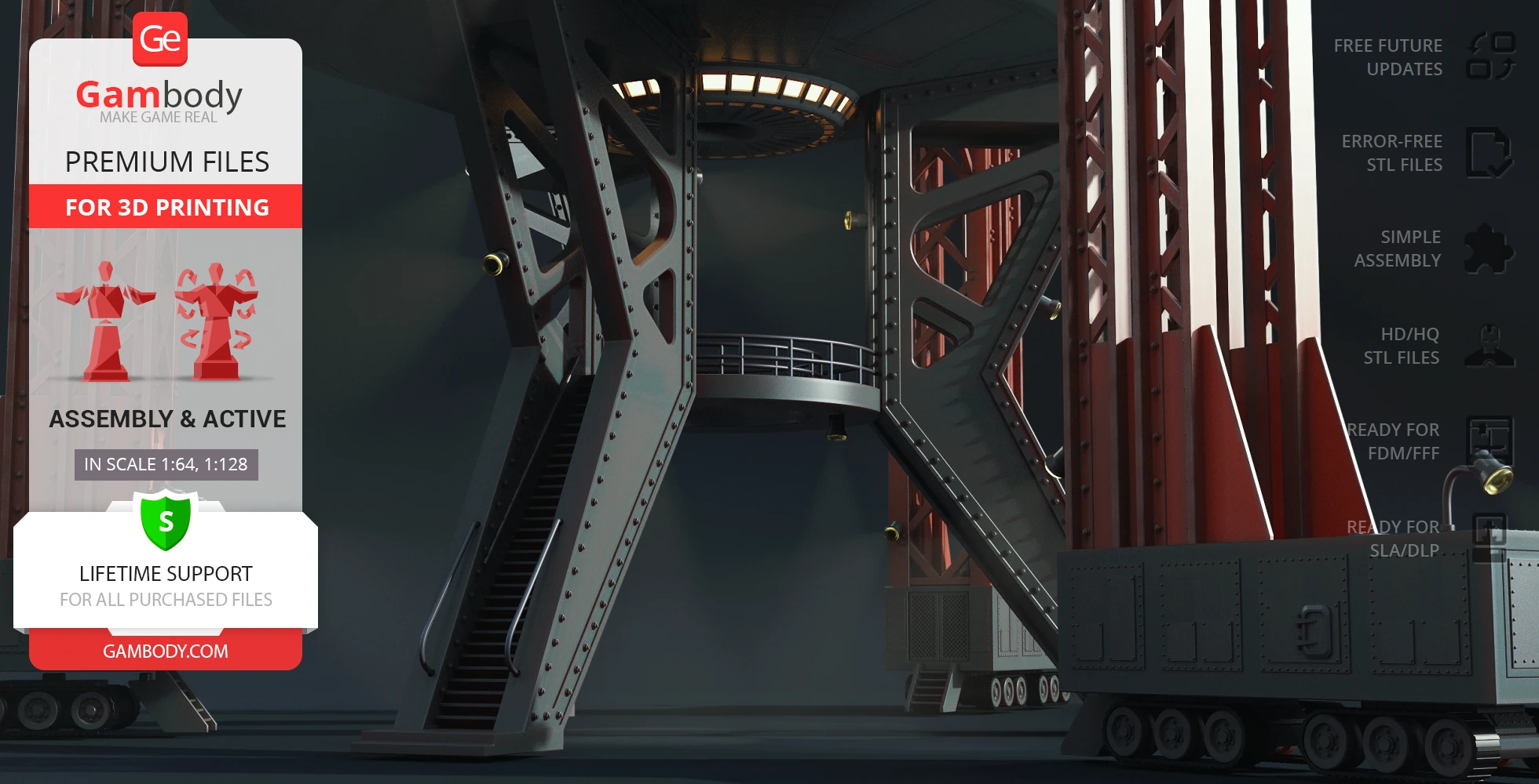 Industrial 3D model scene with a futuristic platform, stairs, and supports, designed for 3D printing.