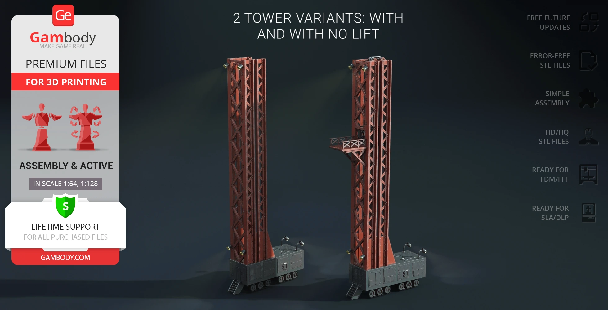 Two red tower models with mobile bases, one featuring a lift platform, shown for 3D printing.