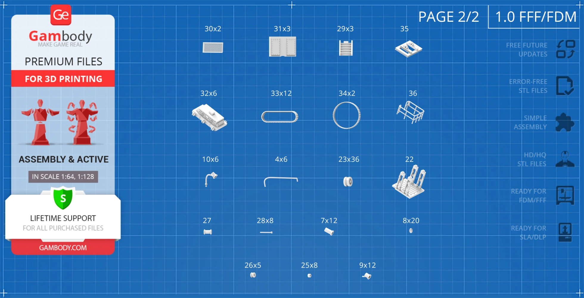 Various 3D model parts on a grid for print assembly, with measurements labeled.
