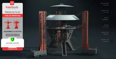 Futuristic spacecraft with a wide saucer shape on a detailed stand, surrounded by tall support structures.