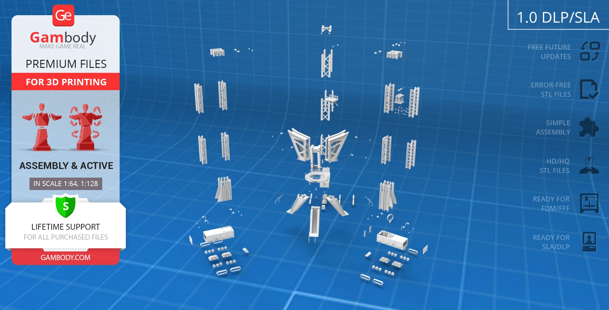 Disassembled 3D model parts spread on a blue grid background, ready for printing and assembly.