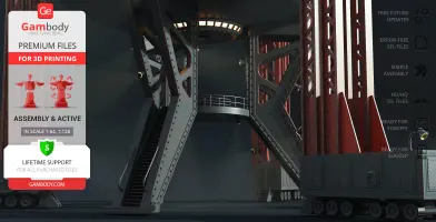 Industrial 3D model scene with a futuristic platform, stairs, and supports, designed for 3D printing.