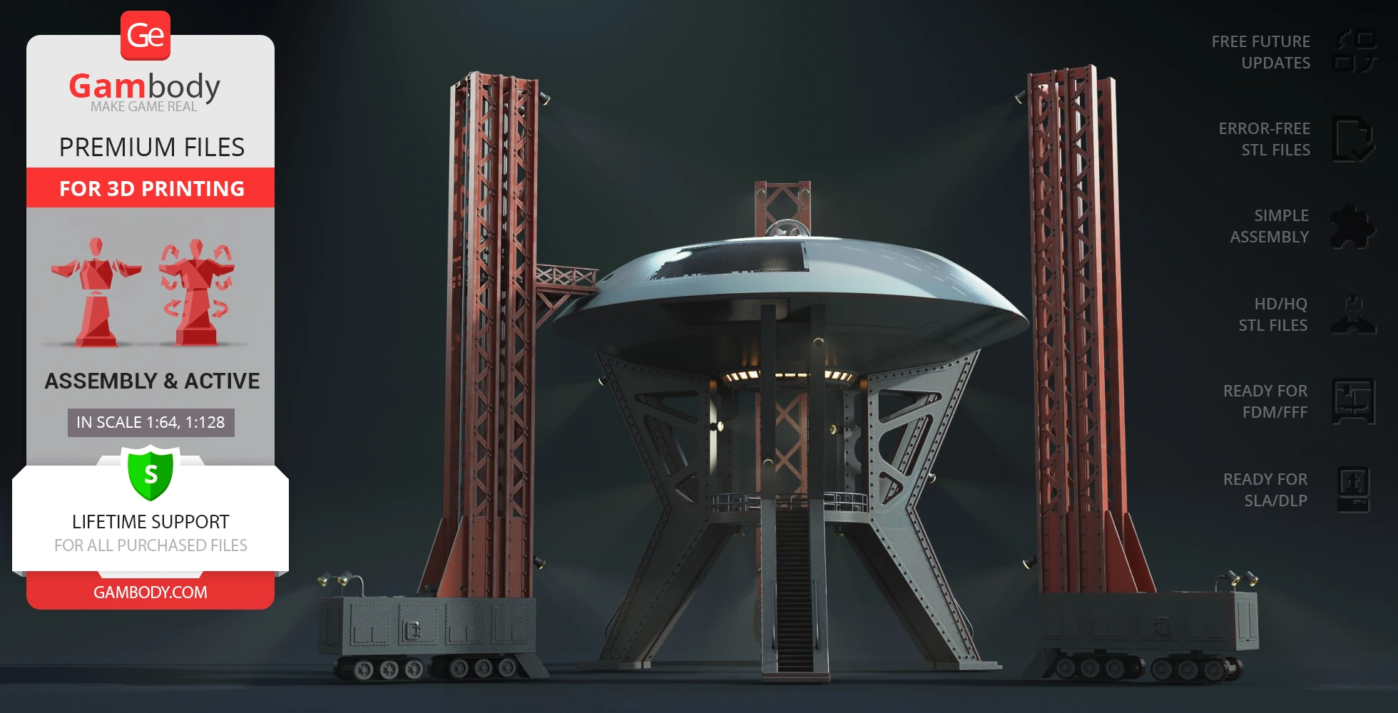 Futuristic circular spaceship on a stand with tall red support structures for 3D printing.