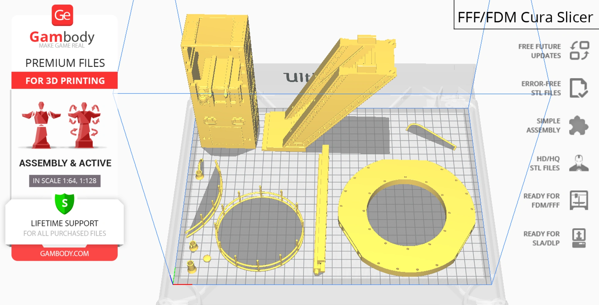 3D printer model of Jupiter 2 Kit, showcasing yellow parts for assembly on grid layout.