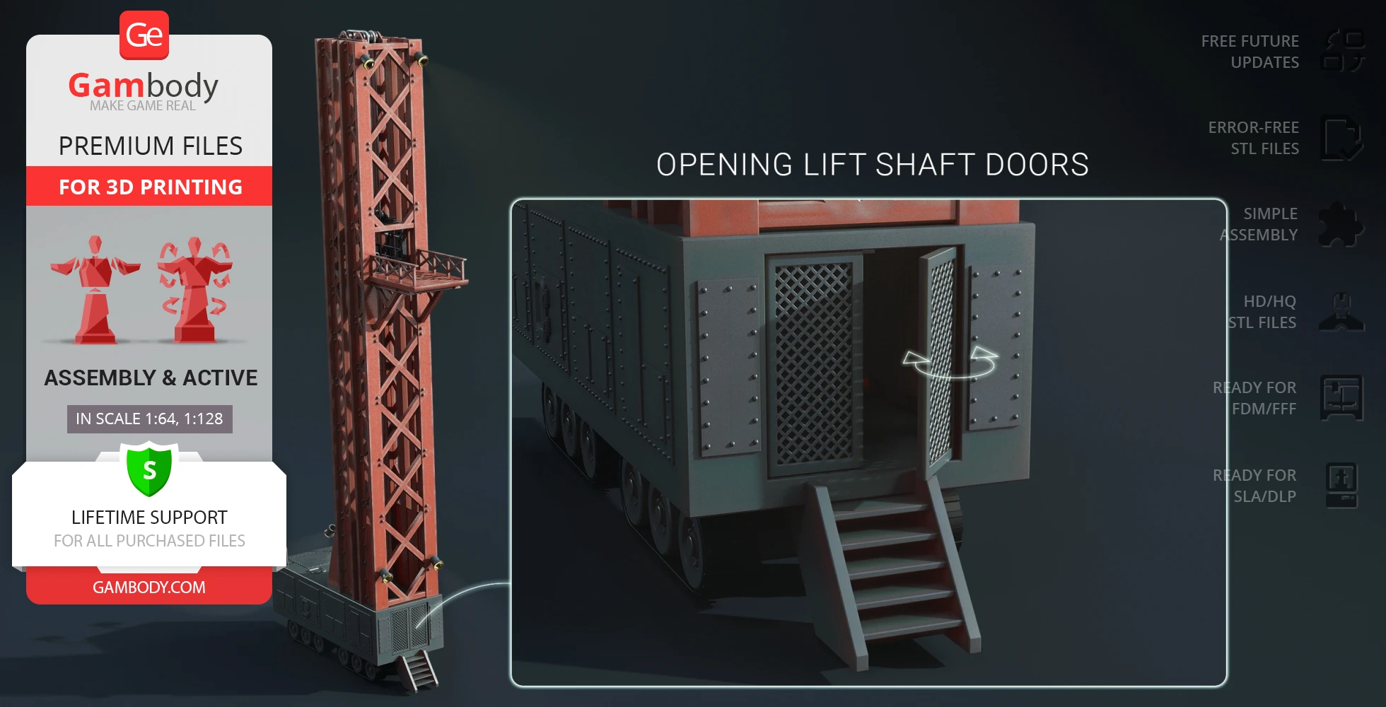 A detailed 3D model of a lift shaft stand with opening doors, designed for 3D printing.