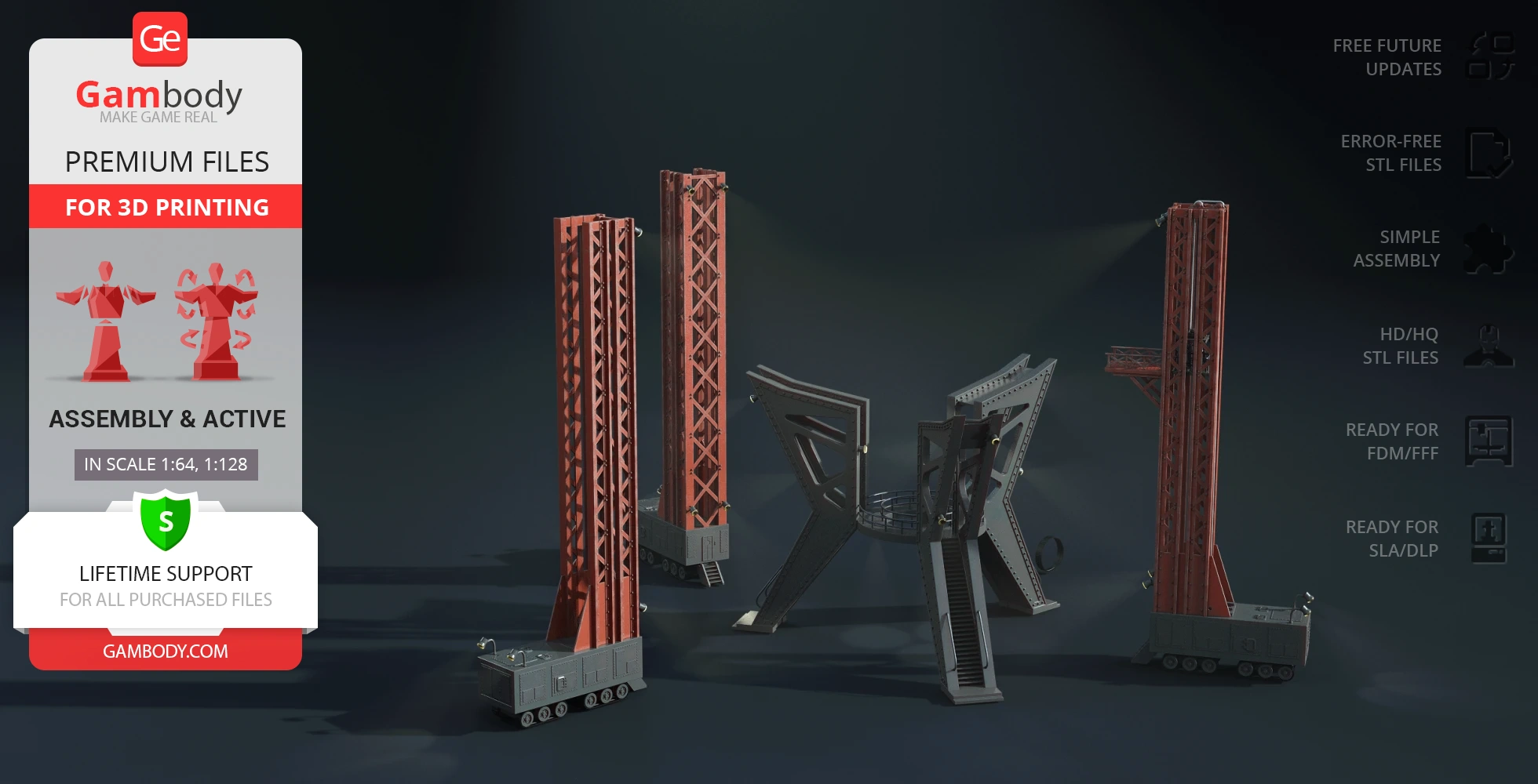 3D model of a detailed, futuristic launch pad stand with red and gray components, ready for 3D printing.