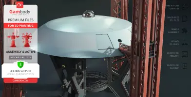 3D model of a spacecraft with a sleek, domed top, supported by a complex tower structure.
