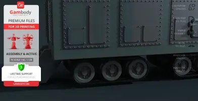 Metallic tank-like structure with riveted panels and tracks, advertisement for 3D printed model files.