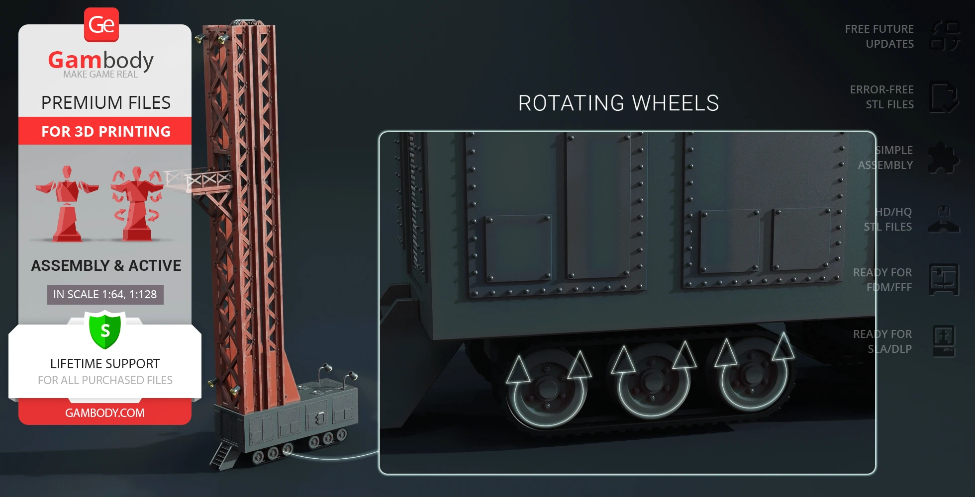 Model of a tall, industrial structure with detailed rotating wheels, designed for 3D printing.
