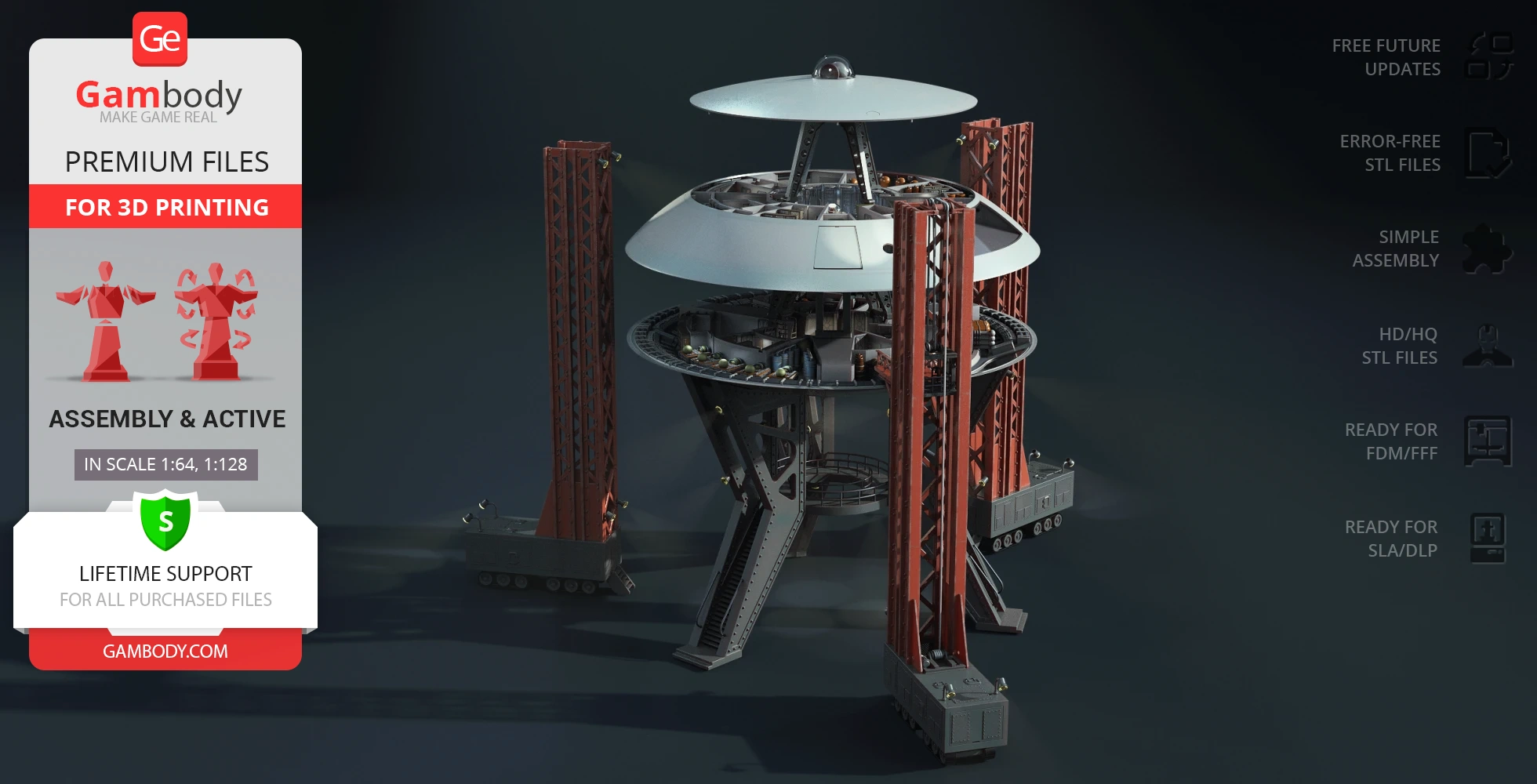 Futuristic 3D model of a spaceship and stand, designed for 3D printing, featuring detailed assembly parts.