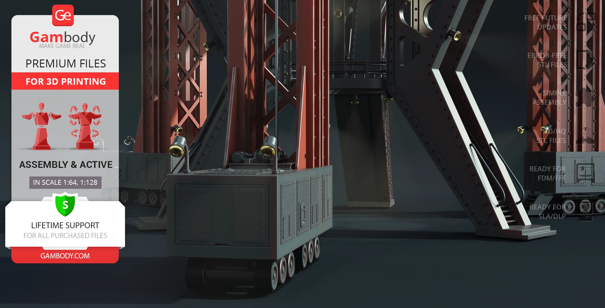 Detailed sci-fi platform structure with supporting beams and tracks. Gambody logo and product info overlay.