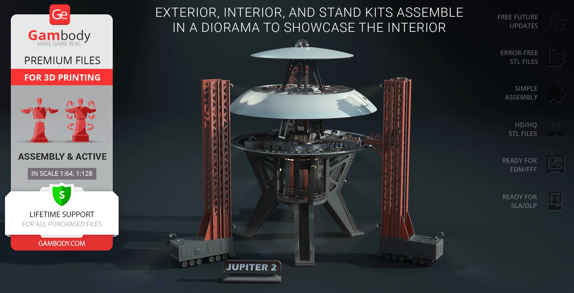 3D model of the Jupiter 2 spacecraft with interior, exterior, and stand, designed for 3D printing.
