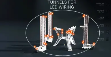 3D printed stand components with LED wiring points highlighted in orange.