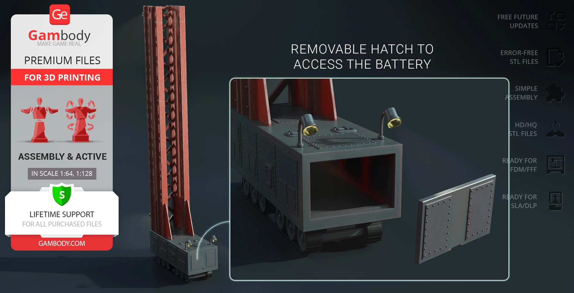 3D model of a mechanical structure with a removable hatch and tracks, designed for 3D printing.