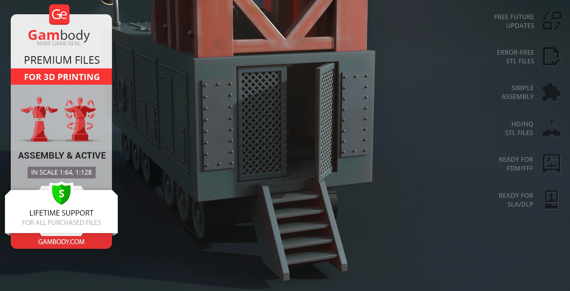 Detailed model of a building with stairs and open doors, intended for 3D printing from STL files.