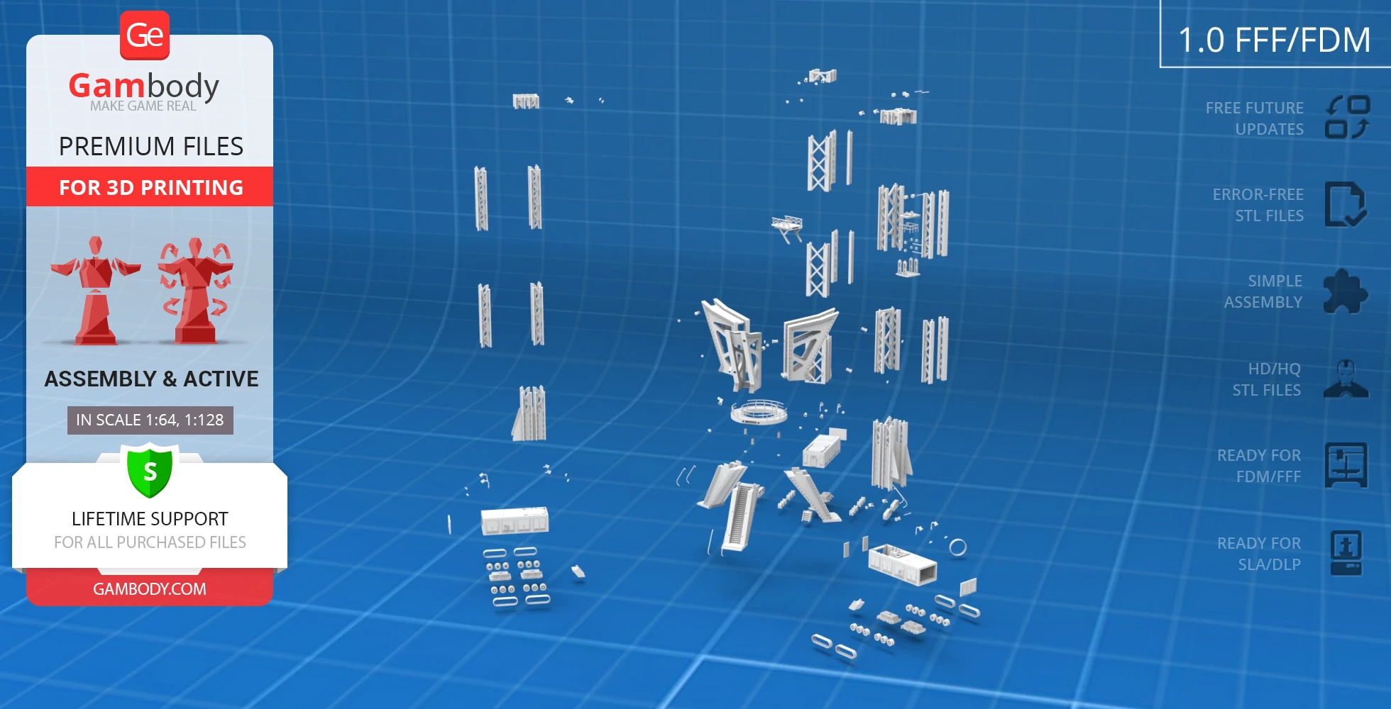 Exploded view of 3D printed stand components on a blue grid background, ready for assembly.
