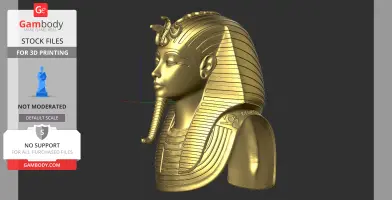 Golden 3D model of Tutankhamun's mask, detailed head and shoulders, for 3D printing.