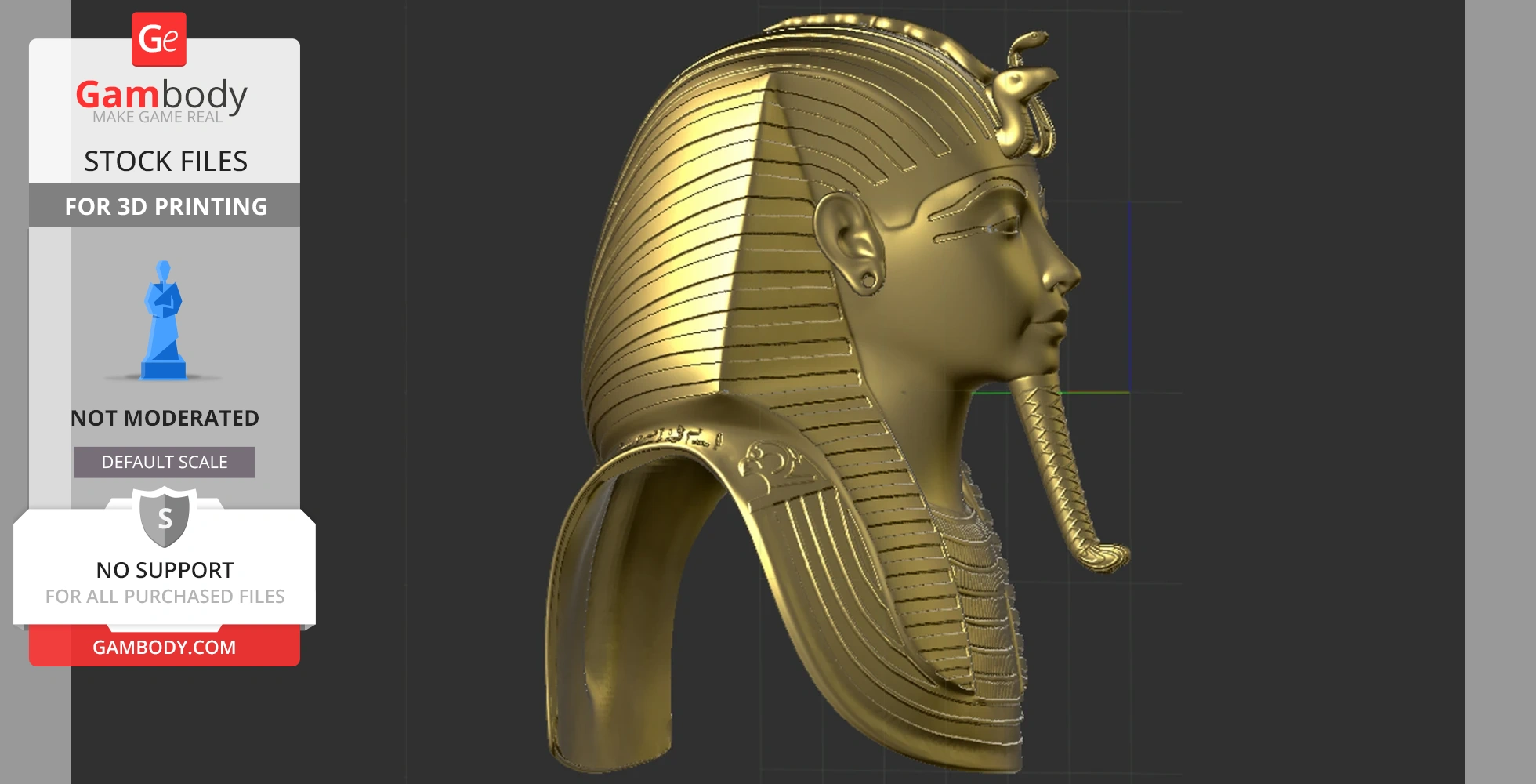 3D model of Tutankhamun's golden mask, side view, showcasing intricate details for 3D printing.