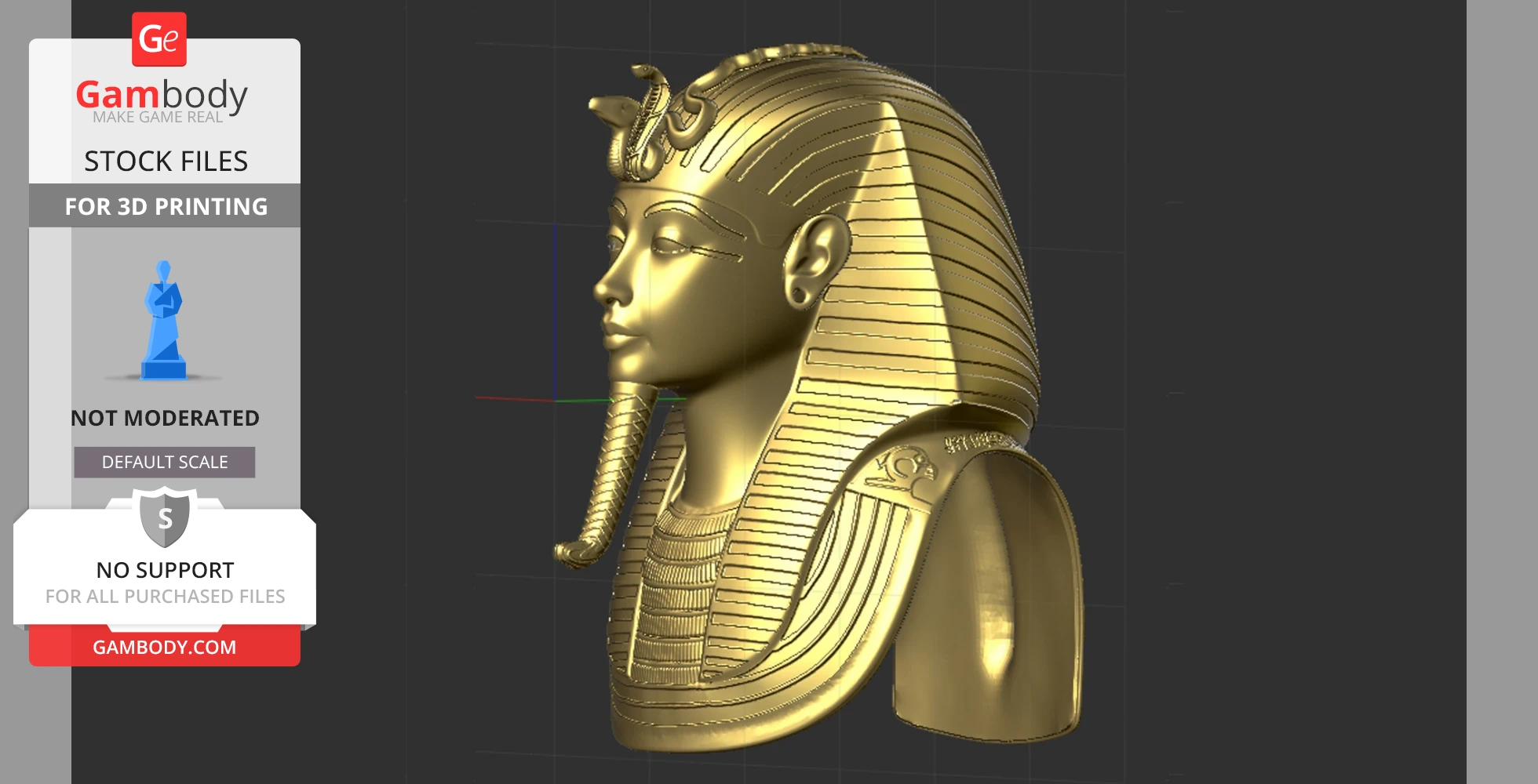 Golden 3D model of Tutankhamun's mask, detailed head and shoulders, for 3D printing.