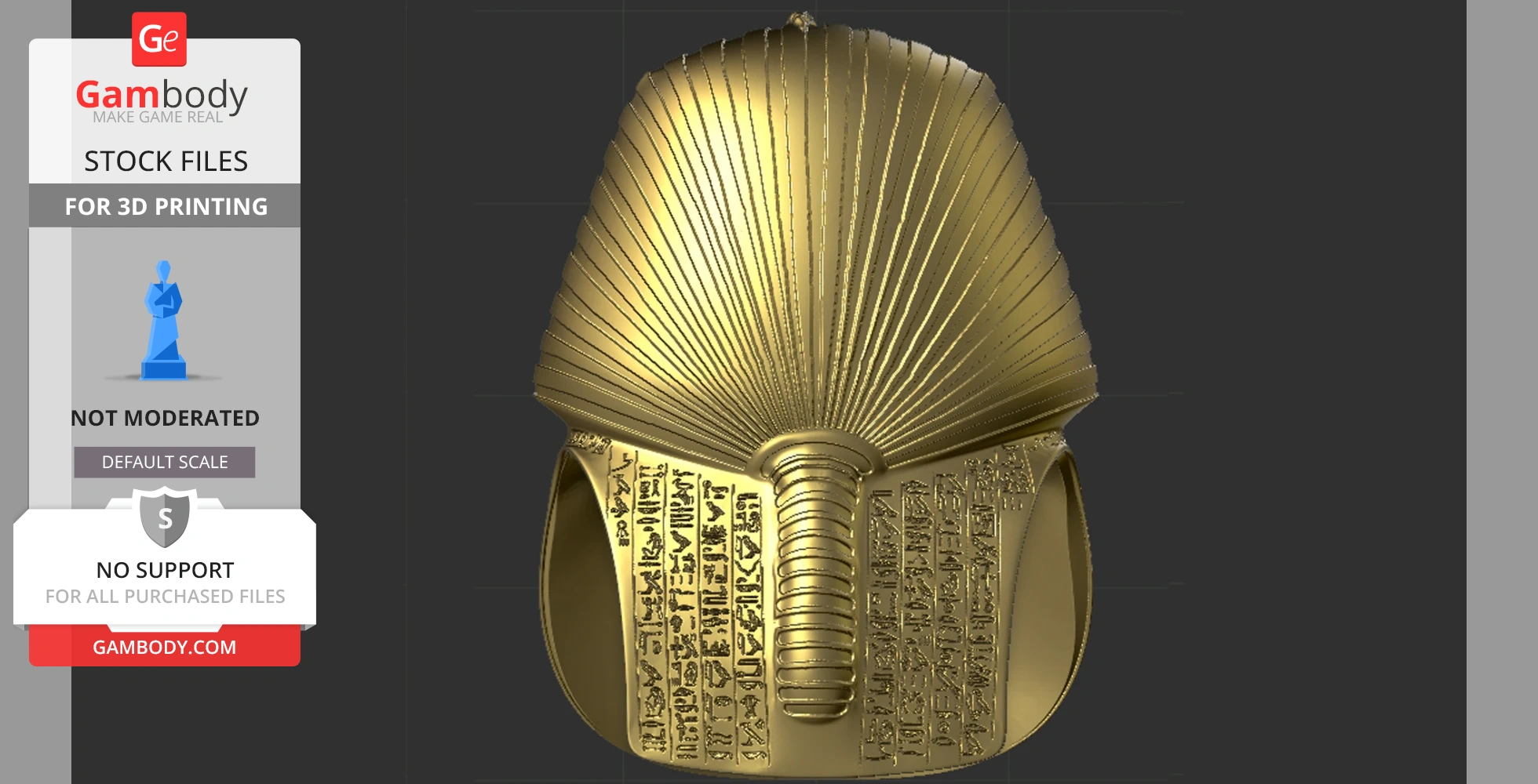 Golden mask of Tutankhamun, fan-shaped headdress with hieroglyphs, ready for 3D printing.