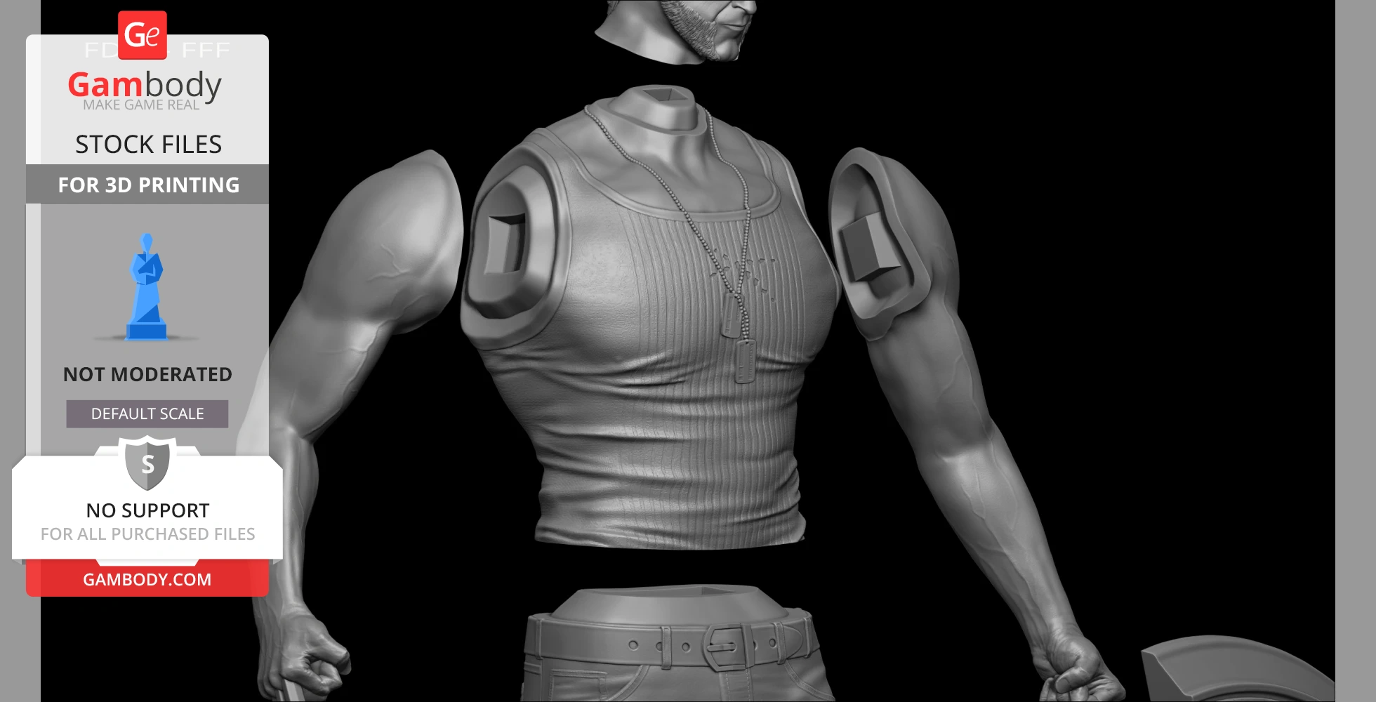 Bust 3D model of a muscular man in a tank top with dog tags, arms bent, ready for 3D printing.