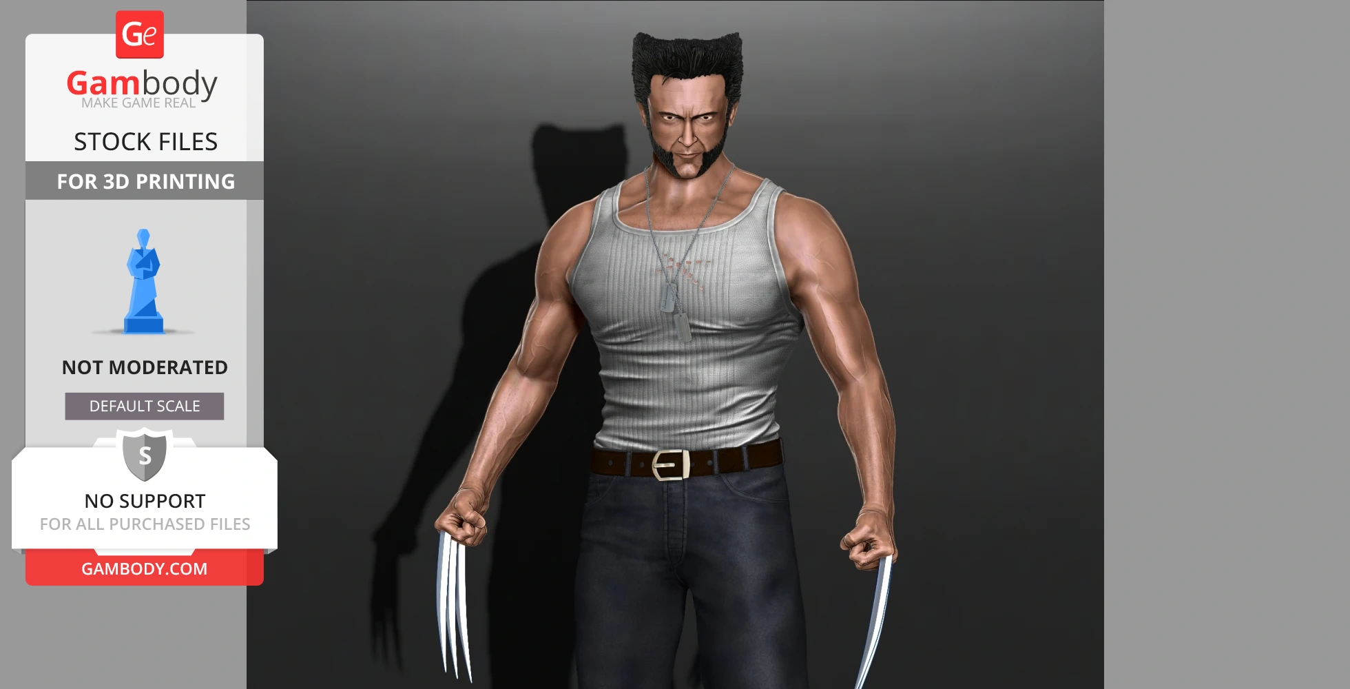 A muscular figure with sideburns, a tank top, jeans, and extended metal claws from fists.