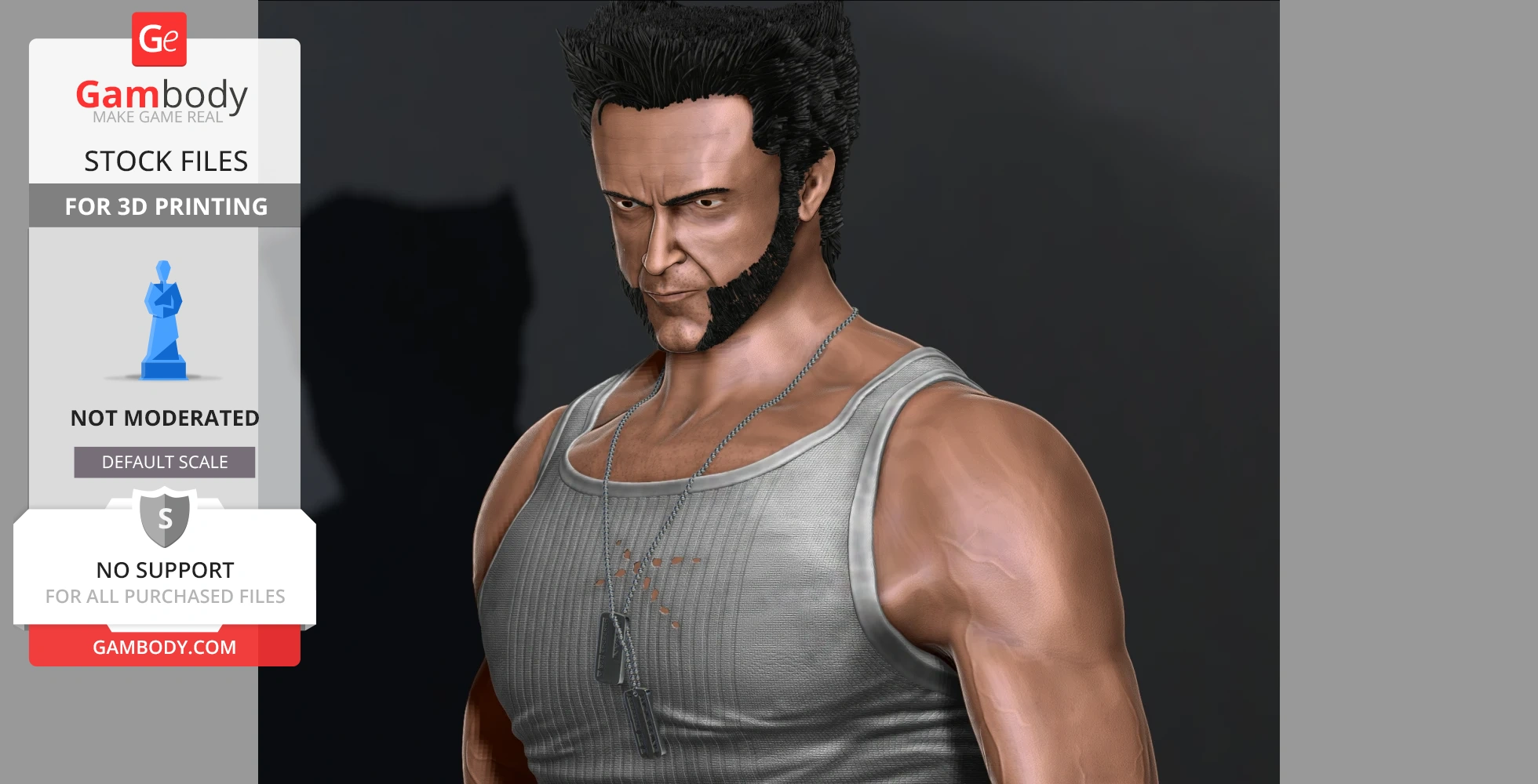 A 3D model of a muscular man in a tank top and dog tags, inspired by Wolverine from Marvel Comics.