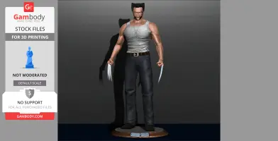 3D model of Wolverine in a tank top and jeans, displaying metal claws, on a display stand for printing.