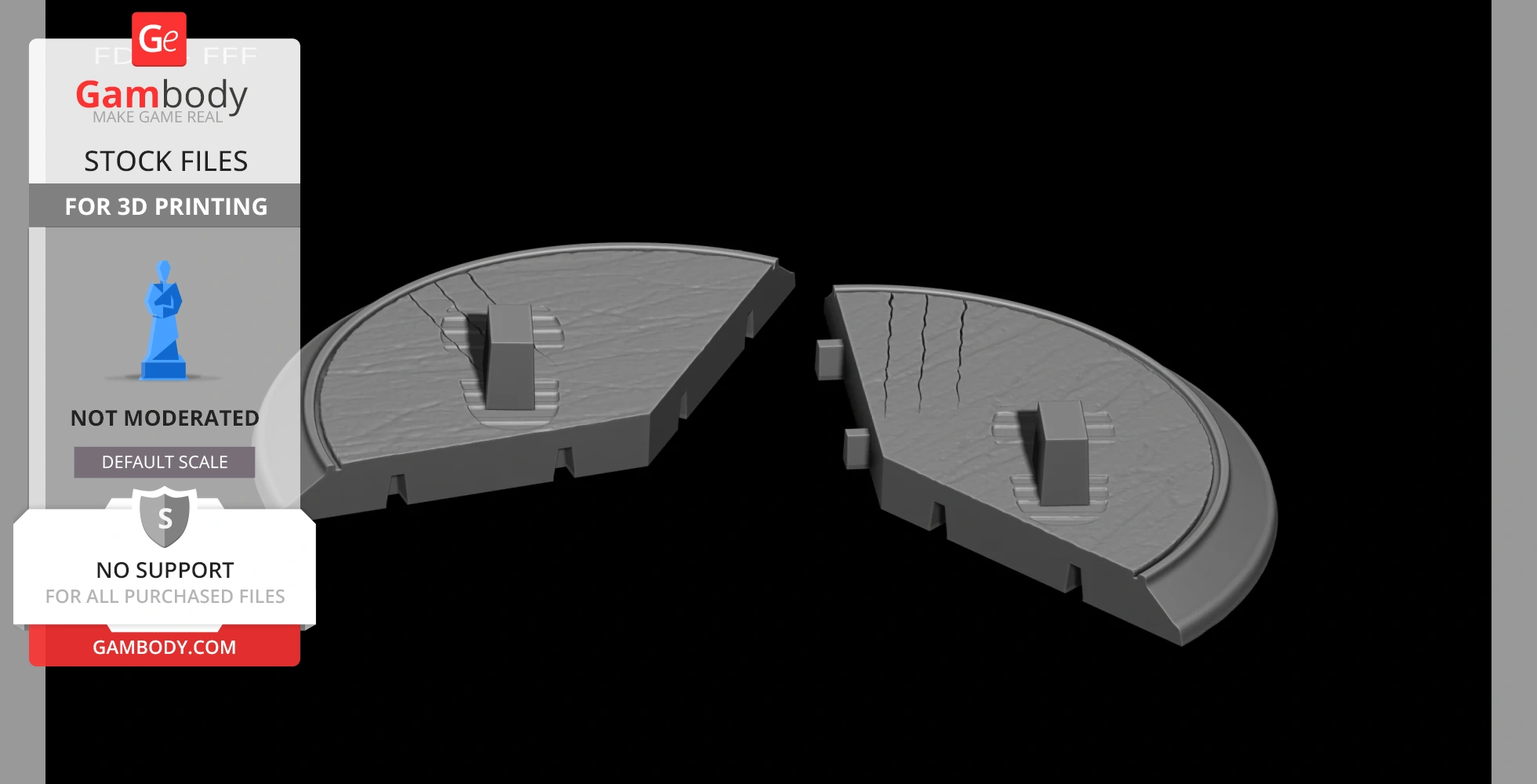 Two semi-circular base pieces for 3D printing, featuring slots and connectors.