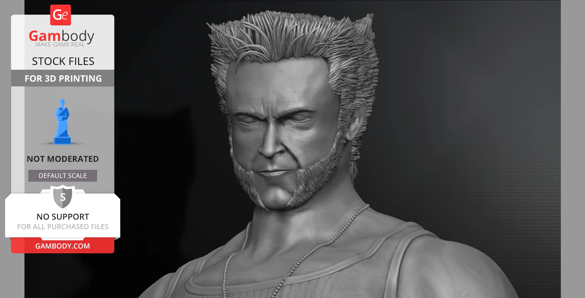 3D model of a muscular man with spiky hair, sideburns, and a necklace, designed for 3D printing.