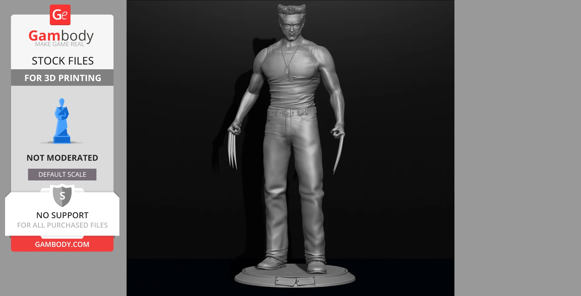 3D model of a muscular man with claws extended, standing on a circular base, ready for 3D printing.