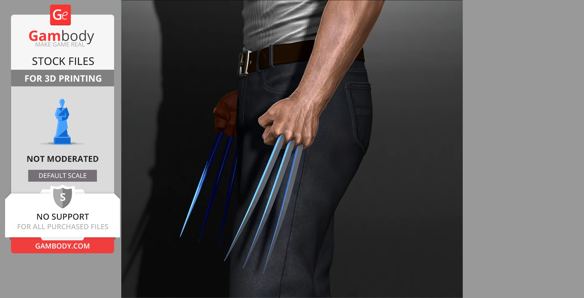 A 3D model of a muscular man with blue claws extending from his fists, wearing dark pants and a belt.