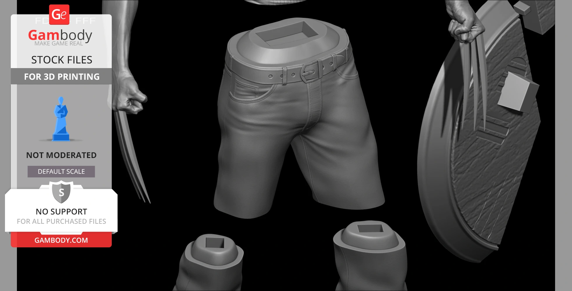 3D model parts of a superhero, including pants, hands with claws, and a base, for 3D printing assembly.