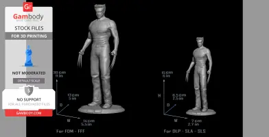 A detailed 3D model of Wolverine, standing with claws extended, ready for printing.
