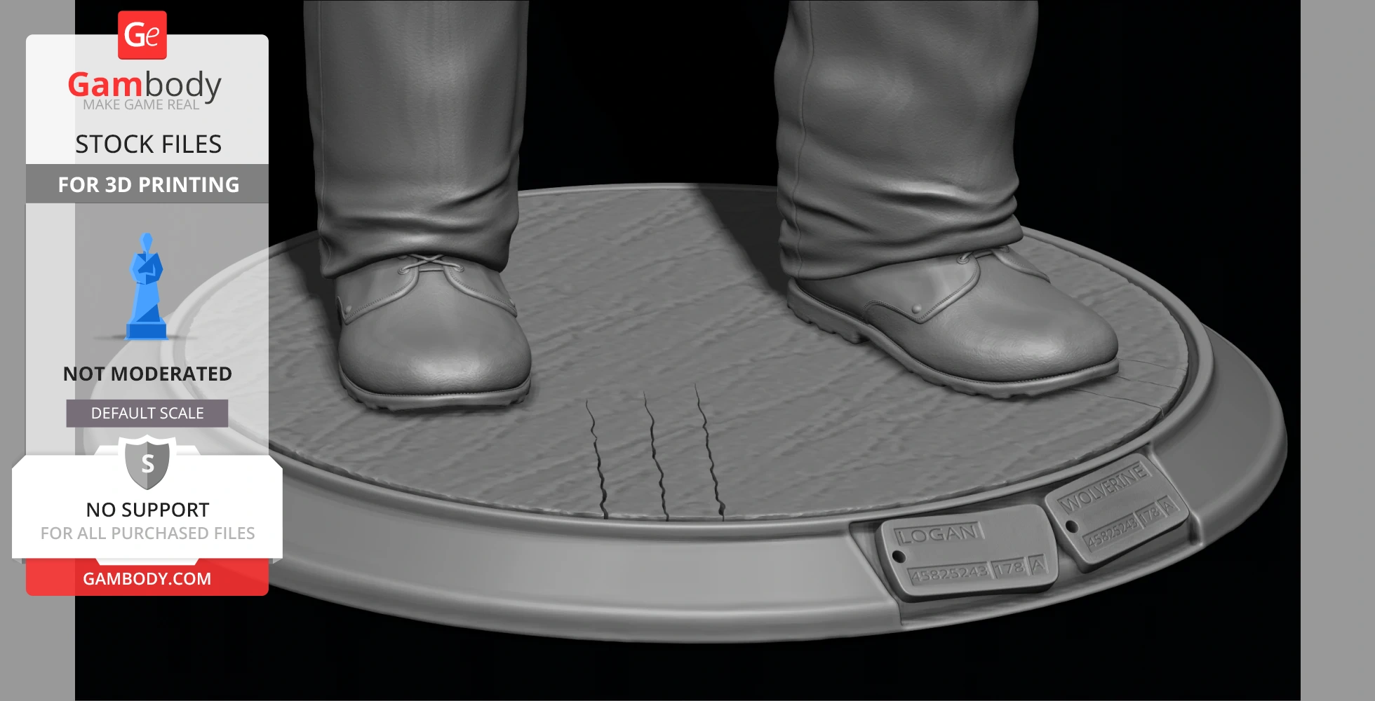 3D model base with detailed Wolverine's boots on a platform, displaying scratches and nameplates.
