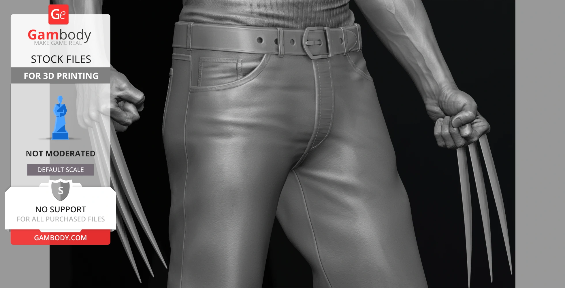 A detailed 3D model of a muscular figure with claws extended, wearing tight pants and a belt.