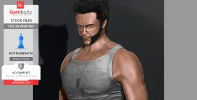 A 3D model of a muscular man in a tank top and dog tags, inspired by Wolverine from Marvel Comics.