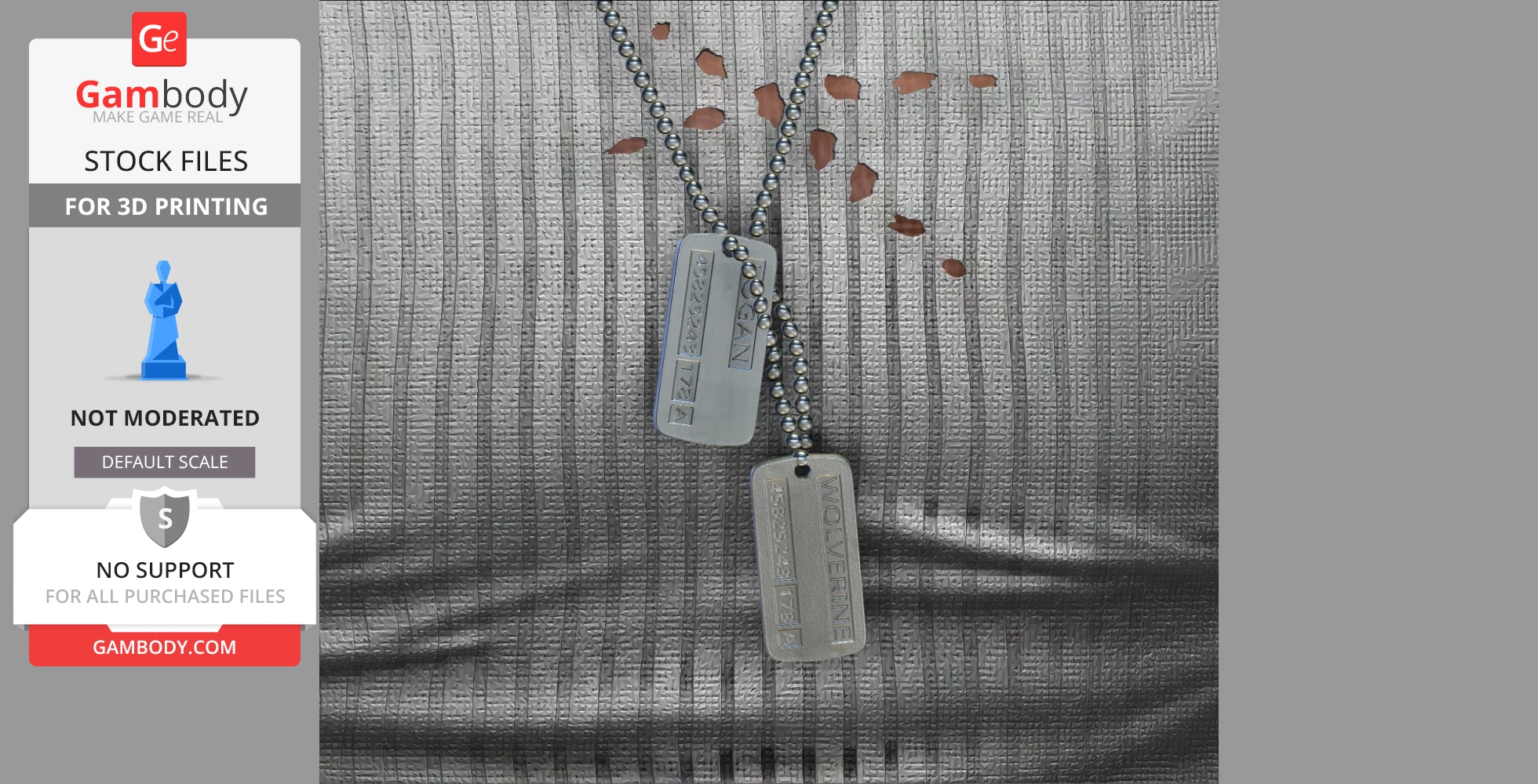A textured gray backdrop featuring two metallic dog tags on a chain with the labels 'Logan' and 'Wolverine.'