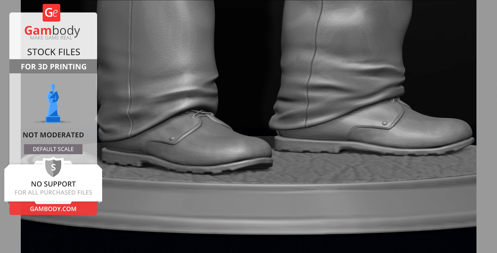 Close-up of a 3D model showing detailed boots on a textured base, ready for 3D printing.