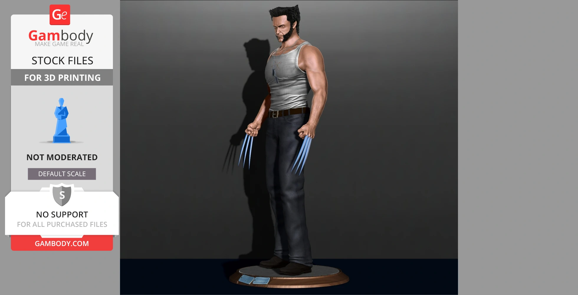 3D model of a muscular man with claws, wearing a tank top and jeans, standing on a circular base.