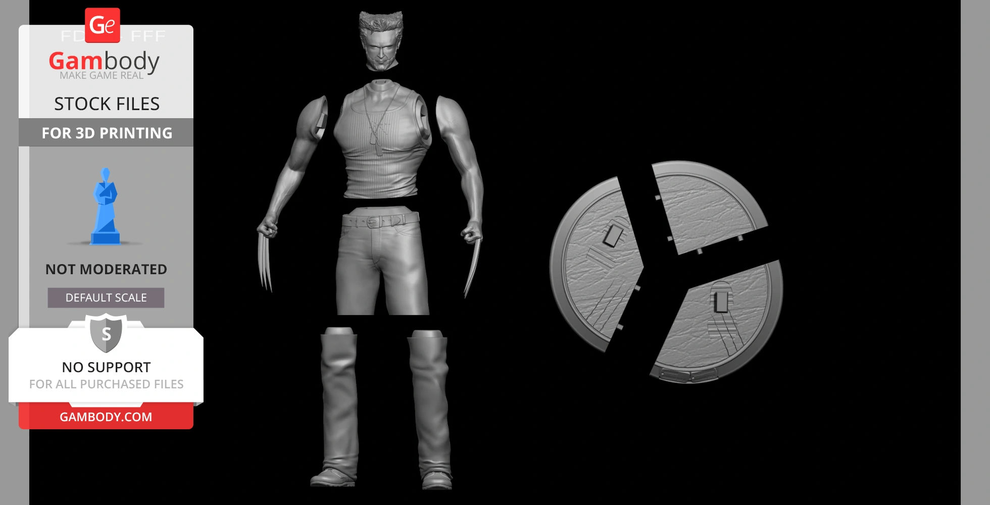 3D model of a muscular figure with claws and segmented base parts for assembly, ready for 3D printing.