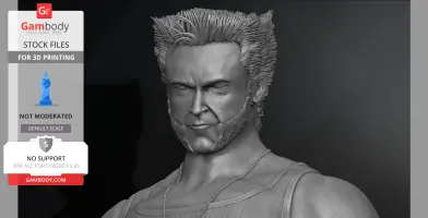 3D model of a muscular man with spiky hair, sideburns, and a necklace, designed for 3D printing.
