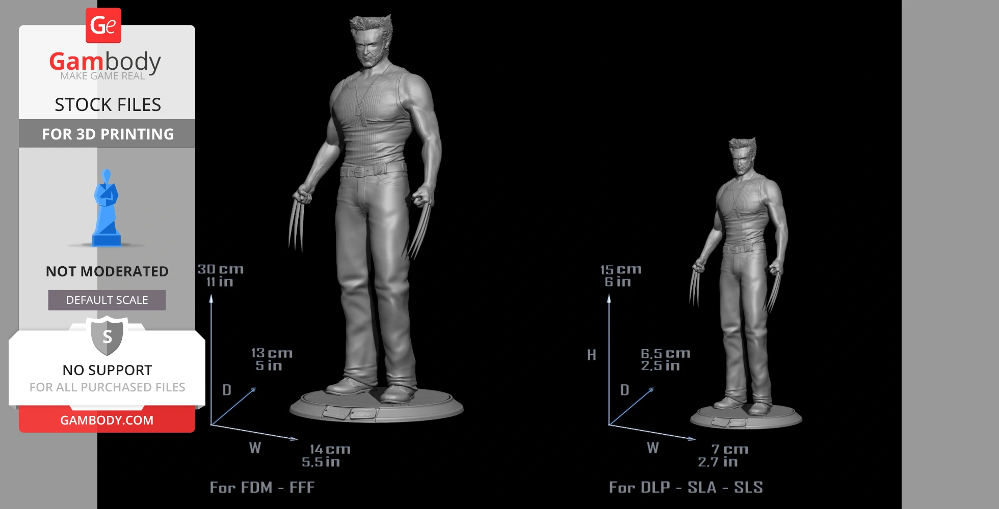 A detailed 3D model of Wolverine, standing with claws extended, ready for printing.