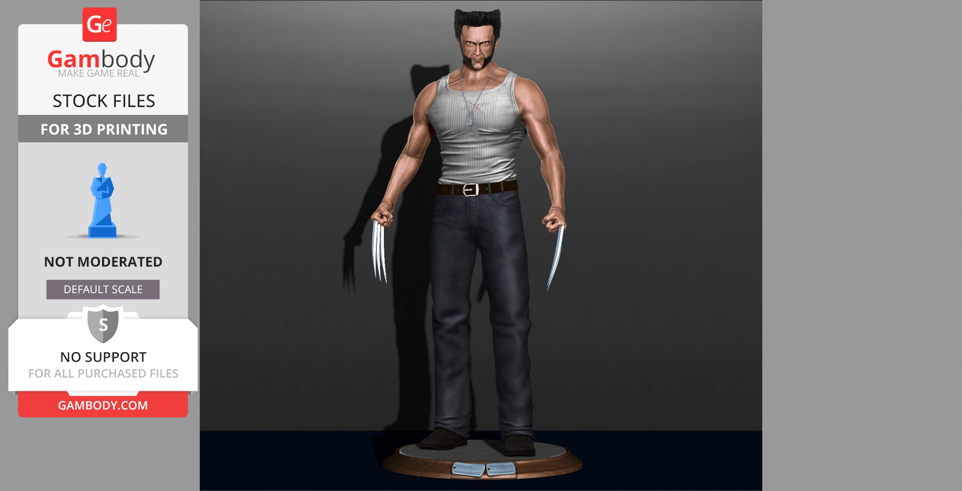 A muscular figure with claws, wearing a tank top and jeans, standing on a base for 3D printing.
